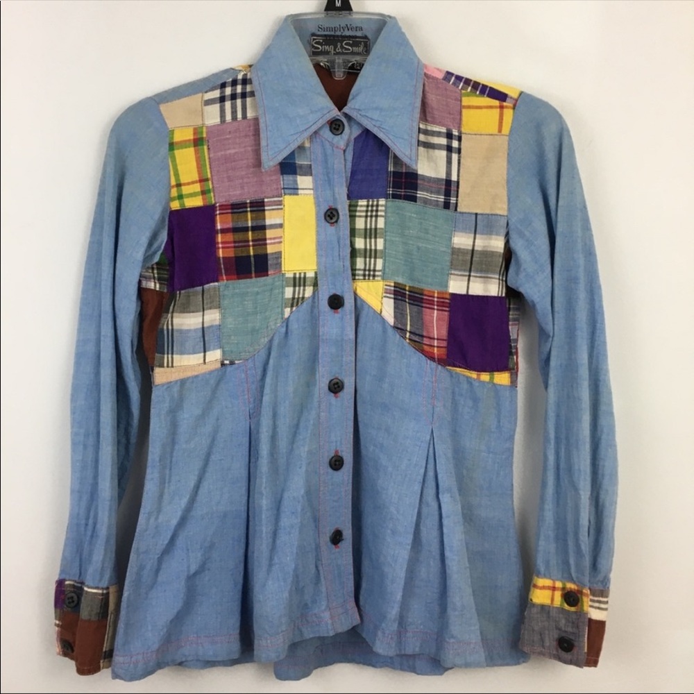 SOLD Sing & Smile patchwork denim 70's button down